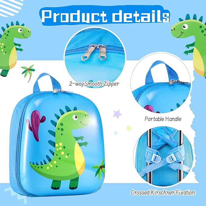 Sanwuta 4 Pcs Kids Luggage Set Backpack Travel Rolling Suitcase U-shape Pillow Christmas Children Gift for Girls Boys(17 Inch,Dinosaur Style,Blue)