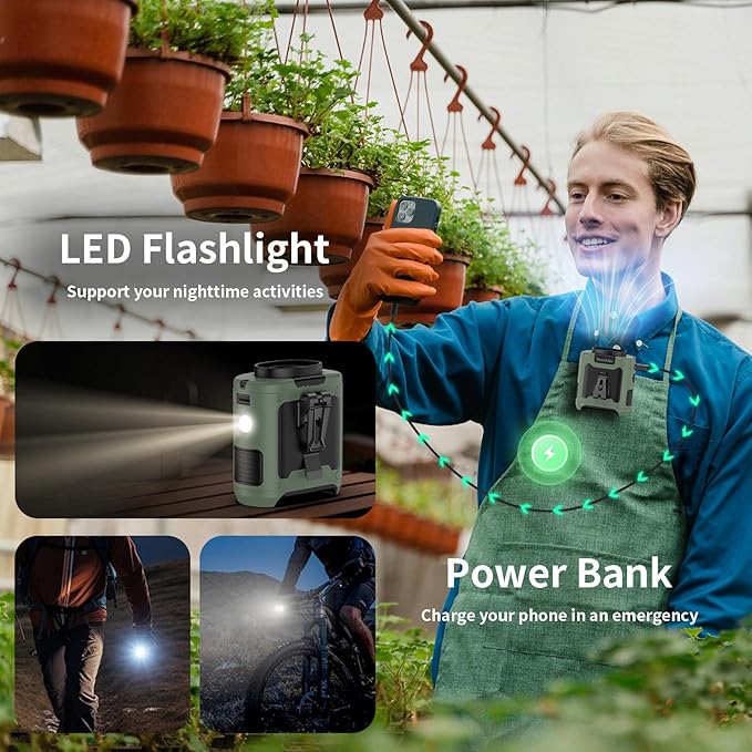 Socool 10000mAh Portable Waist Fan Clip on Wearable Belt Personal Fan Rechargeable Battery operated With 5 Speeds & Flashlight Neck Fan Hands-Free 40H Cooling For Outdoor Camping Travel (Green)