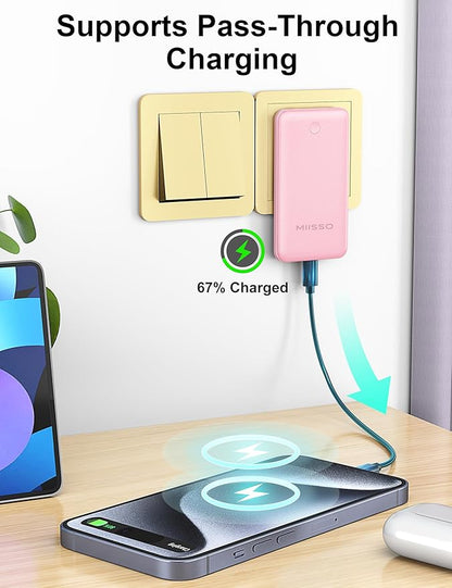 Ultra Slim 10000mAh Power Bank Built-in Cables and Foldable AC Wall Plug, Pocket Size USB C Portable Charger, External Battery Pack Compatible with iPhone Samsung iPad etc, Pink