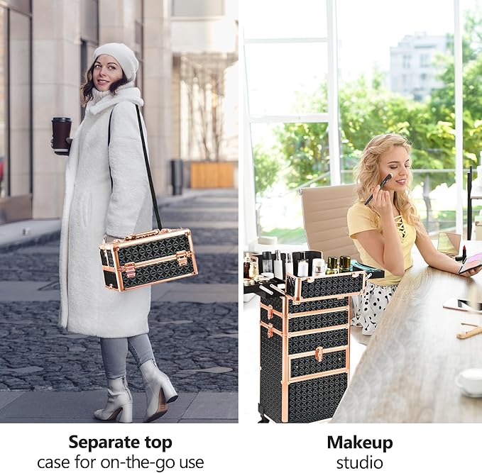 Makeup Train Case with Drawer, Rolling Makeup Case, Cosmetology Case on Wheels, Gift, Large Makeup Case Organizers, Professional for Salon Barber, Nail, Tattoo, Black Gold