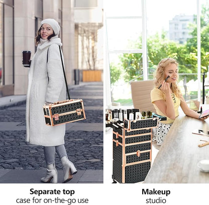 Makeup Train Case with Drawer, Rolling Makeup Case, Cosmetology Case on Wheels, Gift, Large Makeup Case Organizers, Professional for Salon Barber, Nail, Tattoo, Black Gold