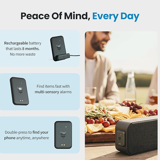 Pebblebee Tag Universal - Rechargeable Mini Item Tracker | Alternative to Air Tag & Android | 8-Month Battery Life | Works with Both Android & iOS Find My App | LED & Sound Alerts