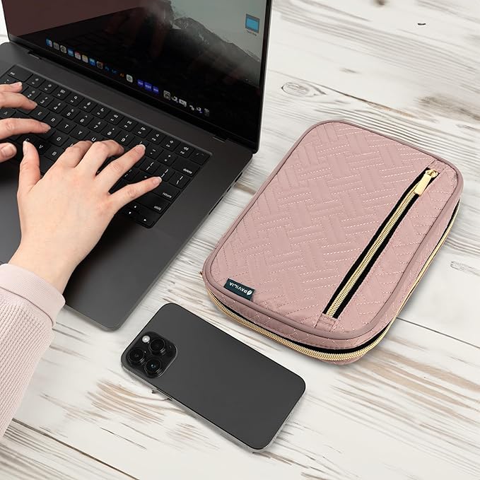 Pavilia Tech Organizer Case - Cable & Charger Storage, Travel Accessories - Pink Quilt