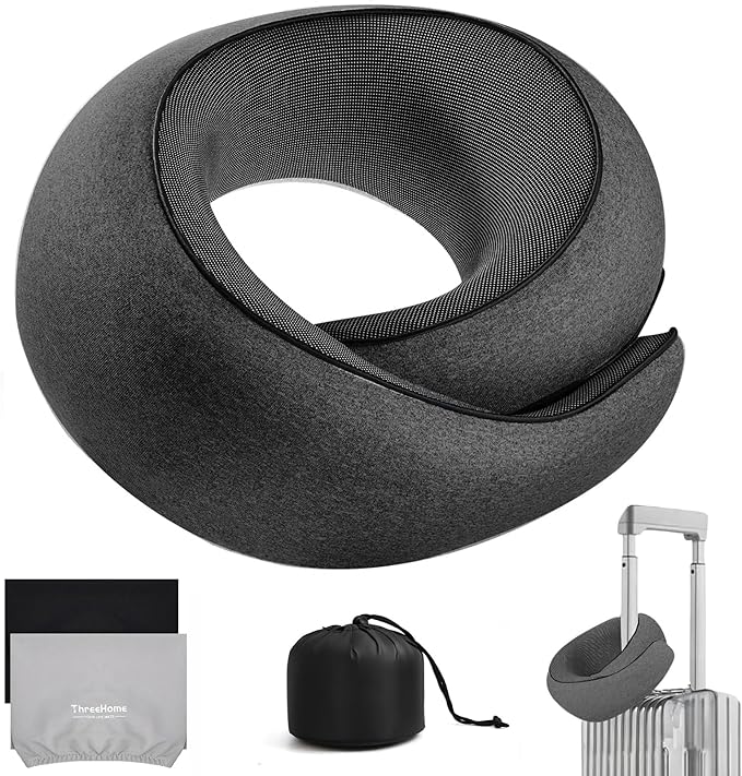 Travel Neck Pillows for Airplanes, Premium 100% Memory Foam Neck Pillow with Alternative Cooling Ice Silk Cover - Upgrade Liner Enables Easy Pillowcase Cleaning, Travel Pillow Fits Plane, Car, Train