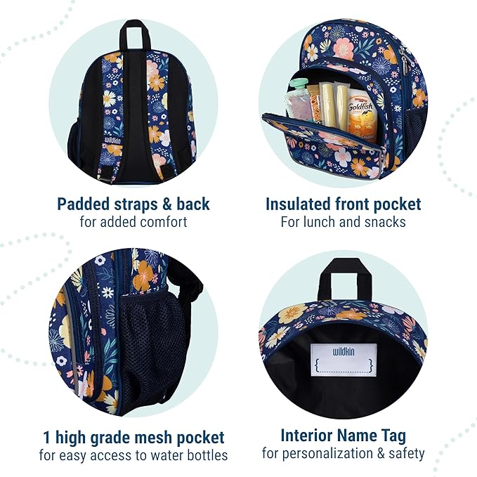Wildkin 12-inch Kids Backpack – Padded, Adjustable, Ideal for Daycare & Travel - Wildflower Bloom