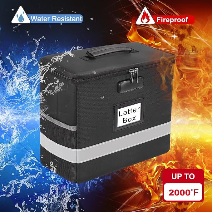 Fireproof File Box with Lock, Document Box Storage Organizer, Suitable for Hanging File Folders in Letter Size, Collapsible File Box, Reflective Strip for Fast Find (12.2"*6"*10.2 (Black, 2Pcs)