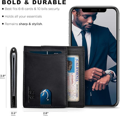 SERMAN BRANDS RFID Blocking Slim Bifold Genuine Leather Minimalist Front Pocket Wallets for Men with Money Clip Thin Gift