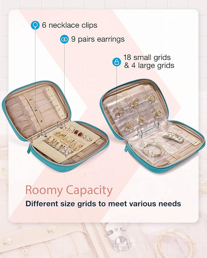 BAGSMART Jewelry Travel Organizer Case for Home Jewelry Organizer Storage Ring Binder Clear Bags Zipper Rolls Pouch for Necklaces, Earrings, Rings, Bracelets, Teal