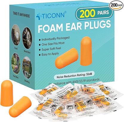 TICONN 200 Pairs Ear Plugs, 32dB Noise Reduction Earplugs for Sleeping Hearing Protection Travel Study Concentration Construction Site (200 Pairs)