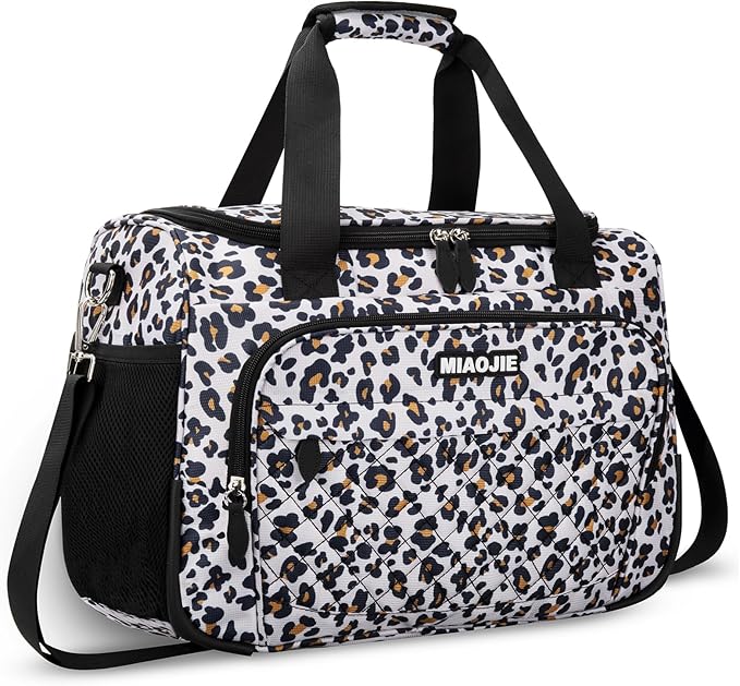 Travel Duffle Bag for Women, Underseat Carry On luggage Bag Foldable Overnight Weekender Hospital Bag Lightweight Airplanes Personal Item Travel Tote Bag for Women Birthday Gifts, 16IN Leopard Print