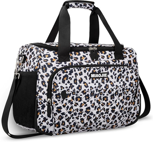 Travel Duffle Bag for Women, Underseat Carry On luggage Bag Foldable Overnight Weekender Hospital Bag Lightweight Airplanes Personal Item Travel Tote Bag for Women Birthday Gifts, 16IN Leopard Print