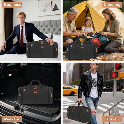 Canvas Mens Duffle Bag for Travel - Expandable 50L Weekender Bags with Toiletry Bag, Overnight Bag Travel Duffel Carry On Luggage with Removable Shoulder Strap, Durable & Water-Resistant