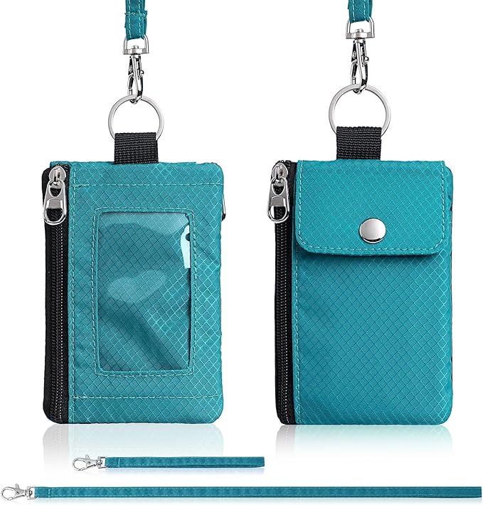Minimalist Wallet For Mens Womens, Keychain RFID Blocking Zipper Small Wallet with ID Window 2 Lanyards,Water Resistant Travel Cash Card Coin Case Boys Girls
