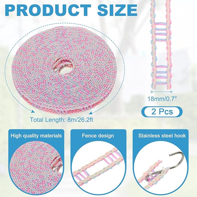 uxcell 2 Pcs Portable Travel Clothesline, 26.2ft Clothes Line Outdoors Travel Hanger Foldable Clothesline Rope with Hooks for Camping Hotel Backyard Home Cruise Ship, Purple