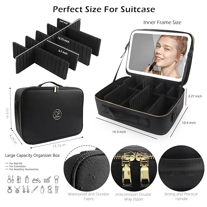 MOMIRA Large Makeup Train Case with Lighted and Mirror Partitionable Cosmetic Bag Travel Makeup Case Professional Cosmetic Artist Organizer, Waterproof Portable, with Shoulder Stra