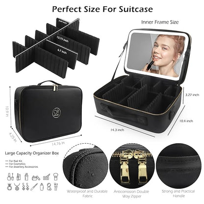 MOMIRA Large Makeup Train Case with Lighted and Mirror Partitionable Cosmetic Bag Travel Makeup Case Professional Cosmetic Artist Organizer, Waterproof Portable, with Shoulder Stra