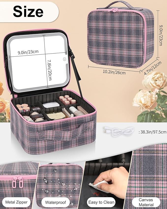 TANTO Makeup Bag With LED Mirror, Travel Makeup Case with Light up Mirror Large Cosmetic Case with 3 Color Lighted Portable Organizer Bag with Adjustable Dividers(Pink/Grey Stripes-Canvas, Small)