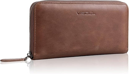 VISOUL Leather Long Zipper Pouch Wallet for Men and Women with RFID Blocking, Large Clutch Cash Long Wallet with Zipper (Brown)