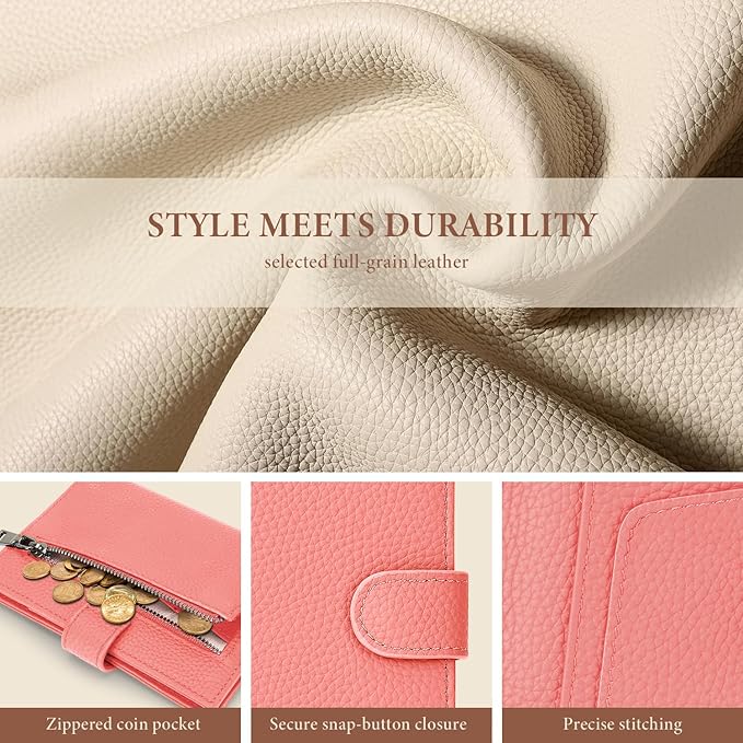 Genuine Leather Passport Holder for Women Men, Hidden Airtag Pocket, RFID Blocking, Zippered Coins Pocket & Cash Compartment Travel Gifts Essentials Passport Cover Case - Hot pink