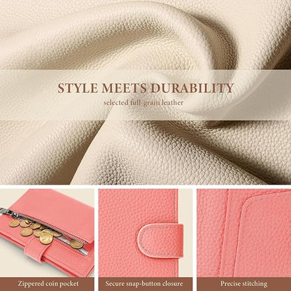 Genuine Leather Passport Holder for Women Men, Hidden Airtag Pocket, RFID Blocking, Zippered Coins Pocket & Cash Compartment Travel Gifts Essentials Passport Cover Case - Hot pink