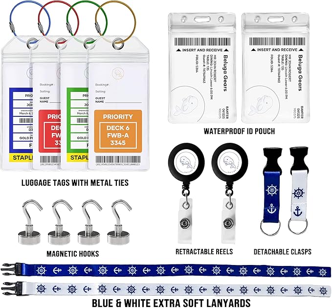 Luggage Tags Essentials 4 Sets with Zip Seal and Steel Loops + 2 Lanyard Detachable ID Holder Badge + 4 Cabin Magnetic Hooks (27lbs) - Fits All Cruise Lines