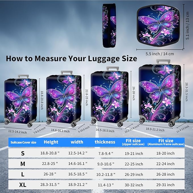 Suitcase Cover for Luggage 25-28 Inch, Washable Elastic Anti-Scratch Luggage Protector, Durable Zipper Baggage Cover with Handle Wrap, Travel Accessories for Suitcase,Sparkling Purple Butterfly