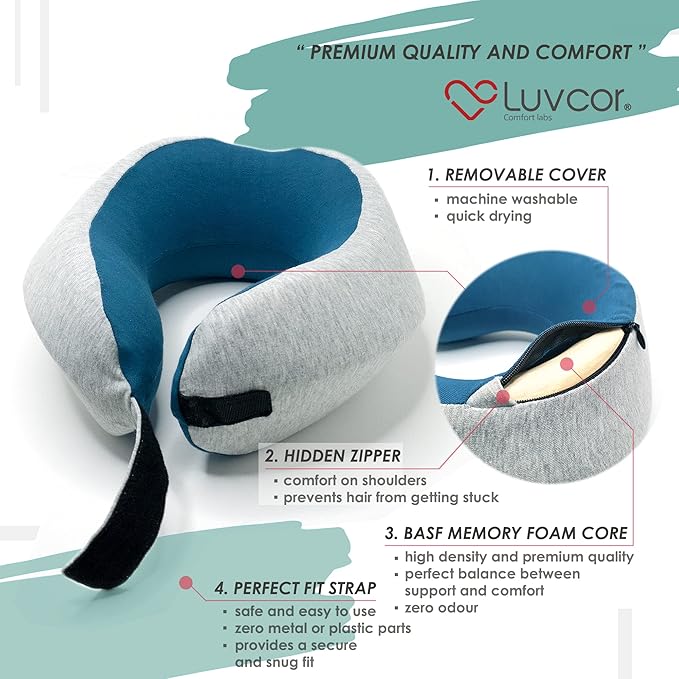 Premium Quality Memory Foam Travel Neck Pillow Bundle - Best Ergonomic Pillow for Airplane Travel, car Ride, Sleeping. Comes with Eye mask, earplugs and Storage Bag