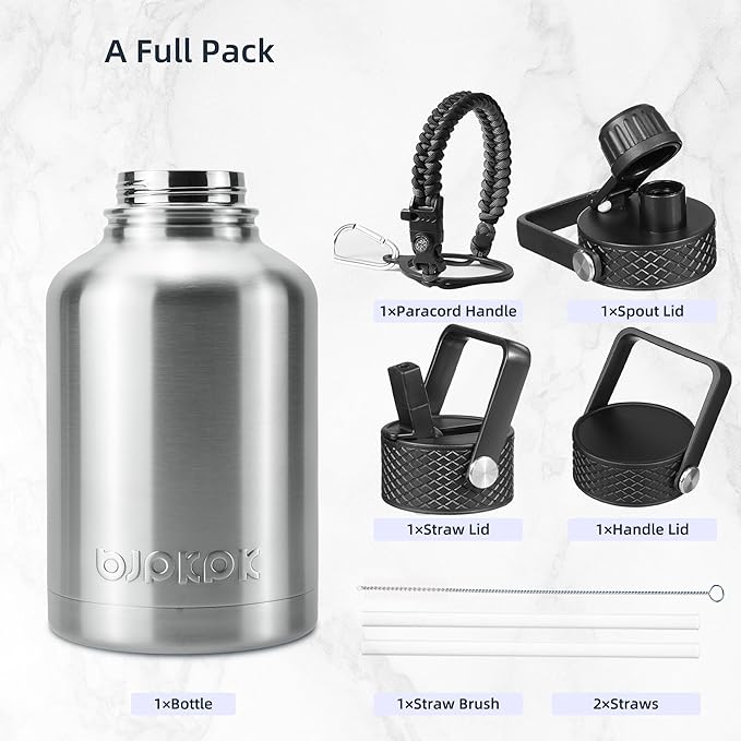 BJPKPK Insulated Water Bottles with Straw Lid, 50oz Large Water Jug, Stainless Steel Vacuum Bottles, Hot & Cold Thermo with 3 Lids and Paracord Handle,Stainless Steel