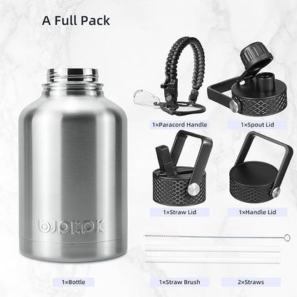 BJPKPK Insulated Water Bottles with Straw Lid, 50oz Large Water Jug, Stainless Steel Vacuum Bottles, Hot & Cold Thermo with 3 Lids and Paracord Handle,Stainless Steel
