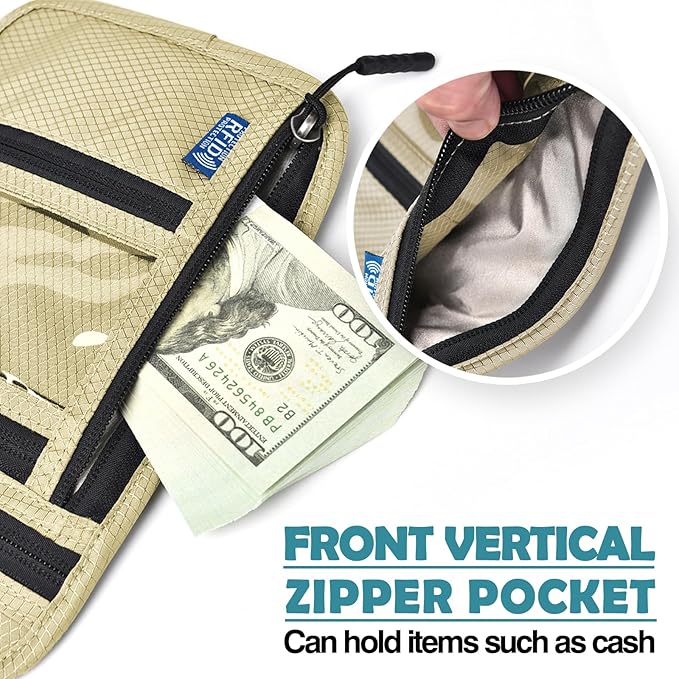 RFID Blocking Travel Neck Wallet–Hidden Passport Holder & Anti-Theft Money Pouch for Men & Women, Lightweight Concealed Travel Organizer with Adjustable Strap Secure Document