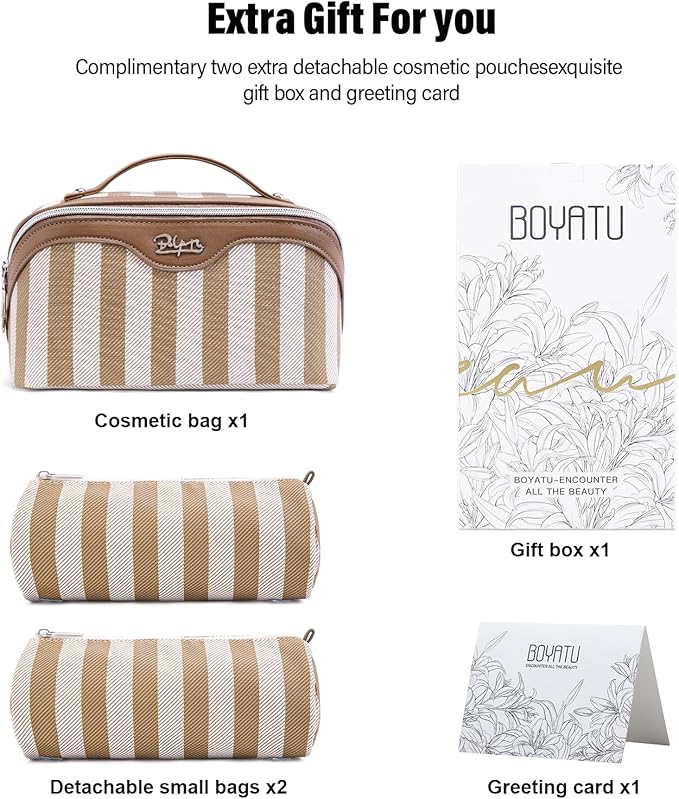 BOYATU Travel Makeup Bag for Women: Large Cosmetic Bag Set of 3 - PU Leather Make up Bag with Compartments - Compact Waterproof Toiletry Bag with Divider & Handle (B-5-Brown)