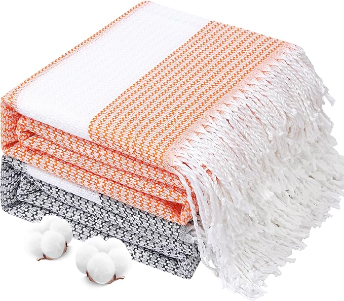 Genovega 2 Packs Oversized Turkish Beach Towels 74"x38" Thin Quick Dry Sand Free Pool Swim Bathing Towel Extra Large Blanket Adult Travel Essentials Accessories Summer Vacation Orange Grey Dot