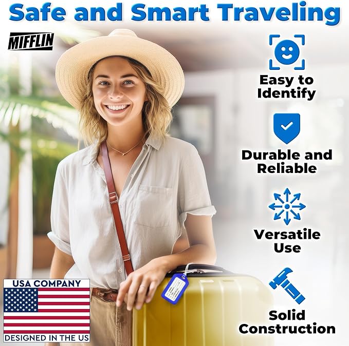 Mifflin-USA Luggage Tags (Blue, 50 PK), Bag Tag for Baggage, Suitcase Tags Bulk