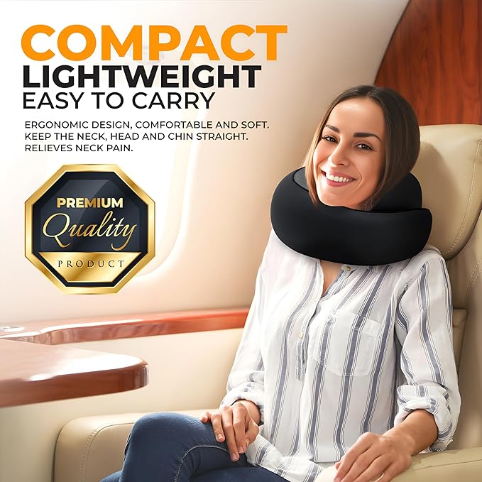 EdgeVoy™ Travel Neck Pillow, Memory Foam Travel Pillow for Airplanes, 360º Ergonomic Design, Asymmetrical Sides, Washable Modal Cover, Ideal for Travel, Car Rides, & Home Use (Black)