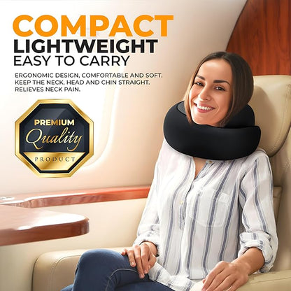 EdgeVoy™ Travel Neck Pillow, Memory Foam Travel Pillow for Airplanes, 360º Ergonomic Design, Asymmetrical Sides, Washable Modal Cover, Ideal for Travel, Car Rides, & Home Use (Black)