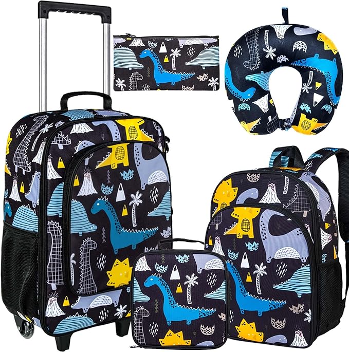 AGSDON 5 Piece Kids Luggage Set for Boys, Cute Rolling Wheels Suitcase for Toddler, Children Travel Carry on Suitcase-Dinosaur