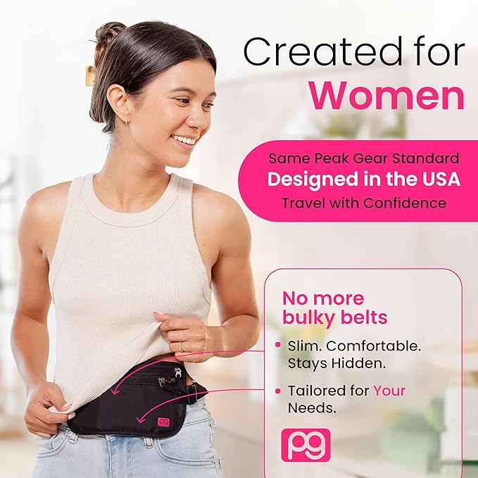 Peak Gear Women’s Money Belt - Hidden Travel Waist Pouch for Women | RFID Blocking, Slim Under-Clothes Passport Holder with PeakCharm Jewelry Pocket + 2 ReturnMe™ Recovery Tags
