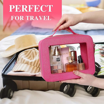 Pinkmik Clear Makeup Bag with Brush Bag 3pcs Waterproof Travel Case for Cosmetics and Toiletries Women's Makeup Organizer with Zipper (X/Fuxia, L+M+SLIM)