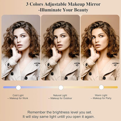 SJD Travel Makeup Bag with LED Mirror, Portable Cosmetic Case Organizer with Lighted Mirror, Waterproof Makeup Case for Cosmetic Brush Holder Storage, Black Toiletry Bag for Women Gift