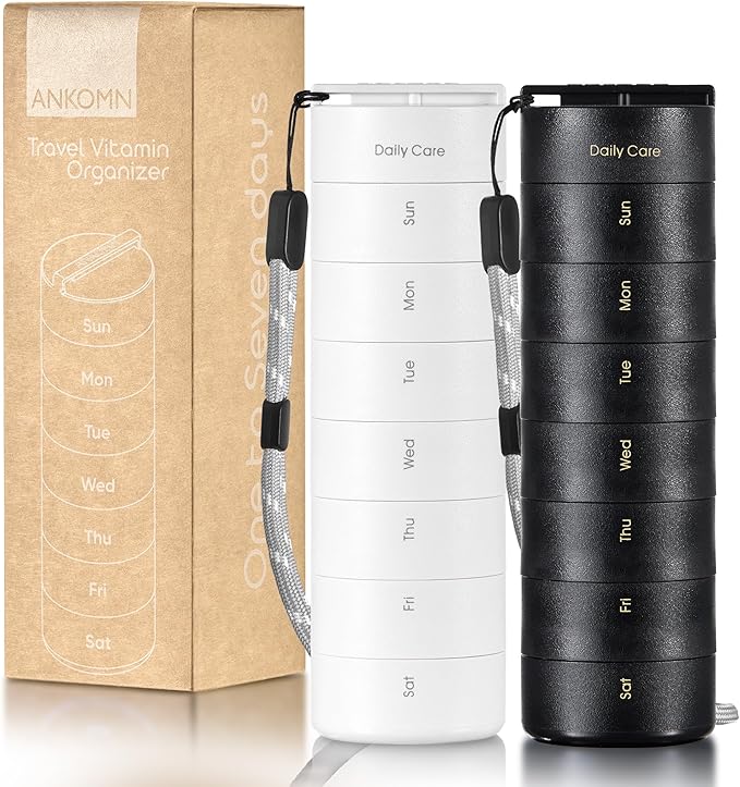 Ankomn - 7 Day Travel Pill Organizer for Men & Women. IPX7 Rating Waterproof, Airtight & Portable Pill Case for Vitamins. Durable Weekly Supplement Case with Stackable Compartments for Outdoor Use.