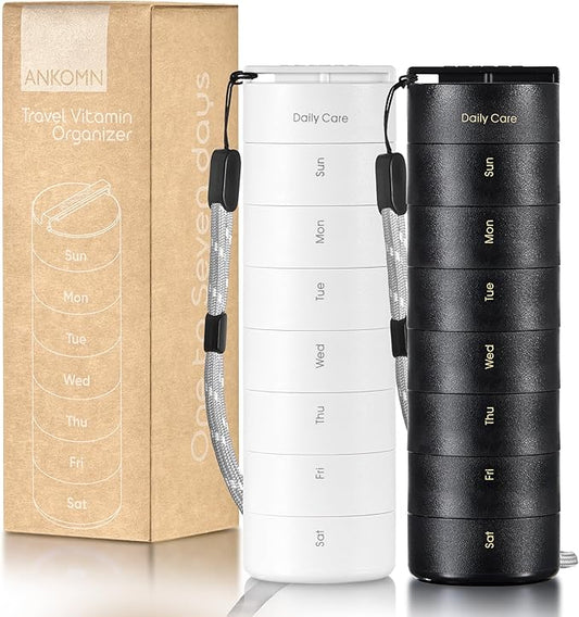 Ankomn - 7 Day Travel Pill Organizer for Men & Women. IPX7 Rating Waterproof, Airtight & Portable Pill Case for Vitamins. Durable Weekly Supplement Case with Stackable Compartments for Outdoor Use.