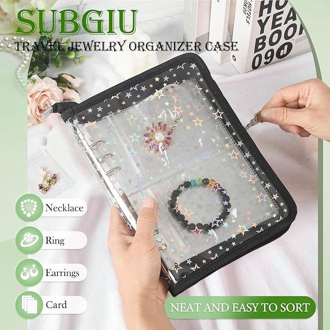 Jewelry Organizer Case Travel Clear Earring Organizer Case Transparent Jewelry Storage Book with Clear Zippered Jewelry Pouch (Black, with 48 Pcs large Jewelry Pouches)