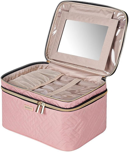 8.8L Double Layer Travel Makeup Bag With Mirror For Women, Large Cosmetic Case, Organizer for Travel-Size Accessories Bottles, Brushes,and Skin Care Products, 2.33 GAL, Pink