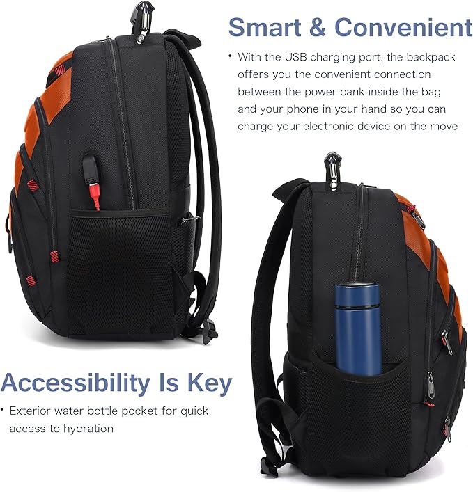 Boavan Laptop Backpack for men, 15.6 inch Laptop Bag with USB Port, Waterproof Travel Work Backpack Purse, Anti-Theft Teacher Nurse Doctor Casual Bookbags Office Business backpack，Deep Orange Black