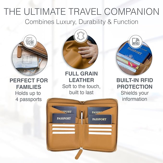 Full Grain Leather Family Passport Holder for 4 Passports - RFID Passport Holder and Travel Document Organizer - Large Leather Travel Wallet for Families - Camel