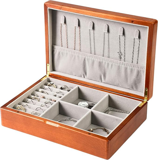Wooden Jewelry Box for Women, Medium Size Real Natural Solid Wood Antique Organizer with Earring Storage, Ring Compartments, Built in Necklace Hooks, ek11-m