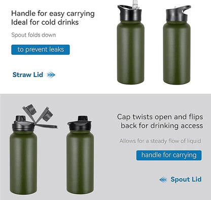 VEGOND 32 oz Insulated Water Bottle Stainless Steel Metal Water Bottles with Leak Proof Straw Lid & Spout Lid, Wide Mouth Double Walled Vacuum Travel Sports Bottle, Army Green