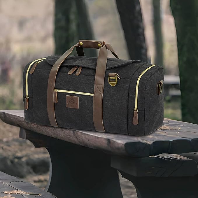 Duffle Bag for Travel, 50L Canvas Duffle Bag Vintage Travel Bag Overnight Bag with Shoes Compartment Men (Black)