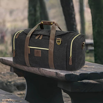 Duffle Bag for Travel, 50L Canvas Duffle Bag Vintage Travel Bag Overnight Bag with Shoes Compartment Men (Black)