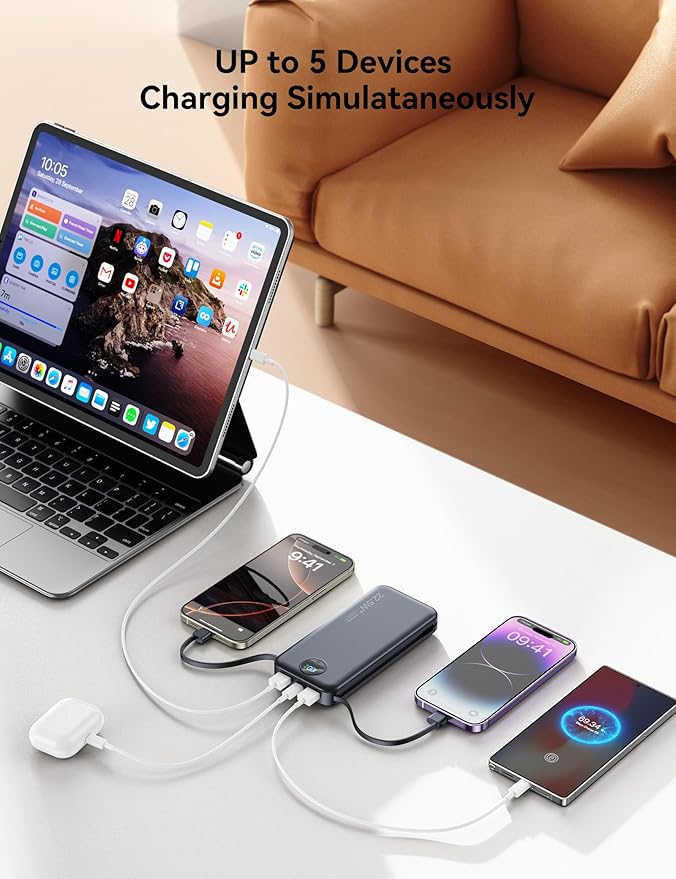 12000mAh Ultra-Portable-Charger-Power-Bank with Built in Cables&AC Wall Plug,PD20W USB-C Fast Charging Cell Phone Charger Battery Pack,LED Display Travel Battery Bank for All iPhone,Samsung,Android